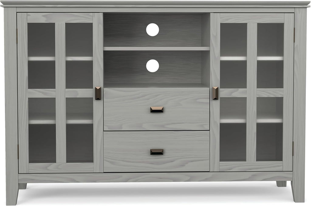 SIMPLIHOME Artisan TV Stand - 53 inch Wide Solid Wood Tall Media Console in Fog Grey, Contemporary Entertainment Center for Living Room for TVs up to 60 Inches with Drawers and Cable Management