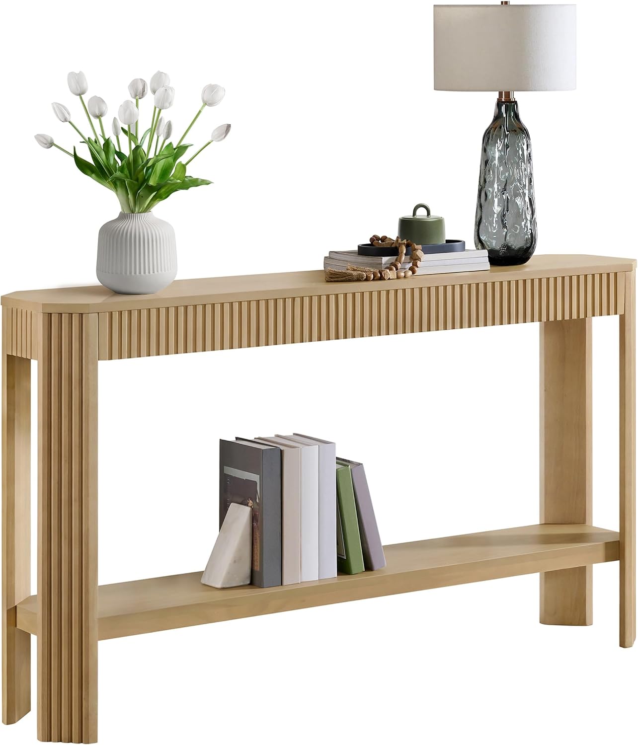 Alaterre Furniture Fluted Solid Wood Console Table - 56 Inch Modern Entryway Table with Storage Shelf - Easy Assembly Living Room Furniture for Behind the Couch, Entryway, or Hallway (Light Oak)