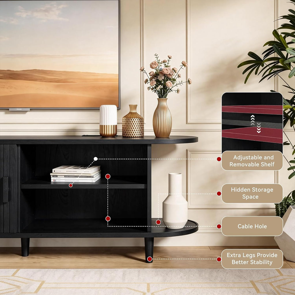 MXV 65' Mid-Century Modern TV Stand with Sliding Doors, TV Consoles with Power Outlet, Fluted Entertainment Center with Adjustable Shelves, for Living Room