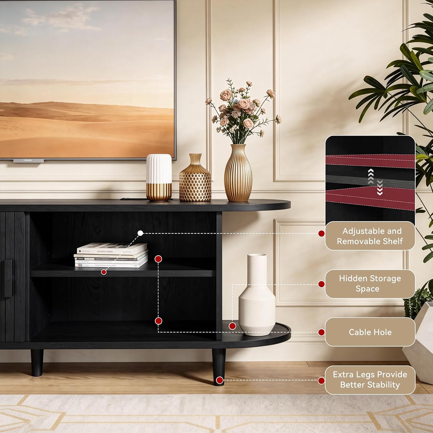 MXV 65' Mid-Century Modern TV Stand with Sliding Doors, TV Consoles with Power Outlet, Fluted Entertainment Center with Adjustable Shelves, for Living Room