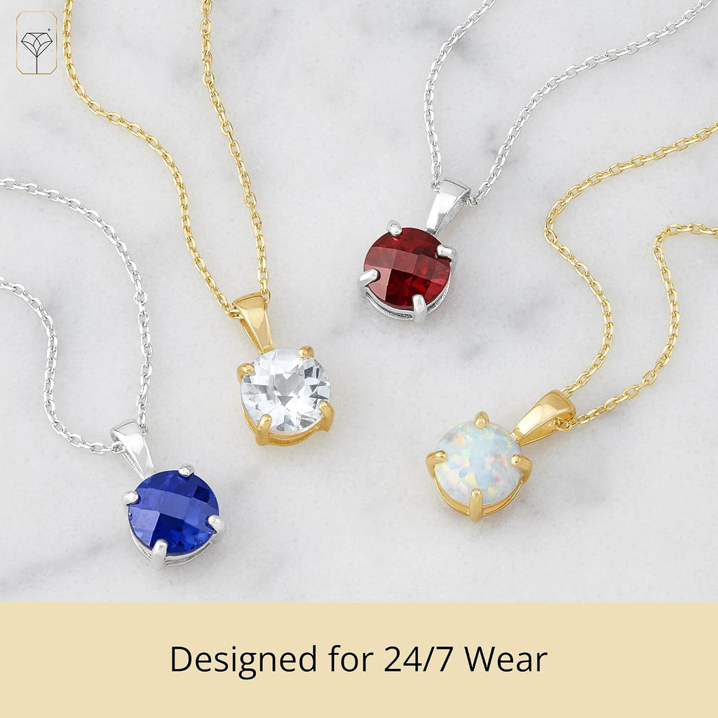 MAX + STONE 14k White or Yellow Gold Gemstone Round Pendant Necklace for Women 6mm Solitaire Birthstone with 18 Inch Cable Chain