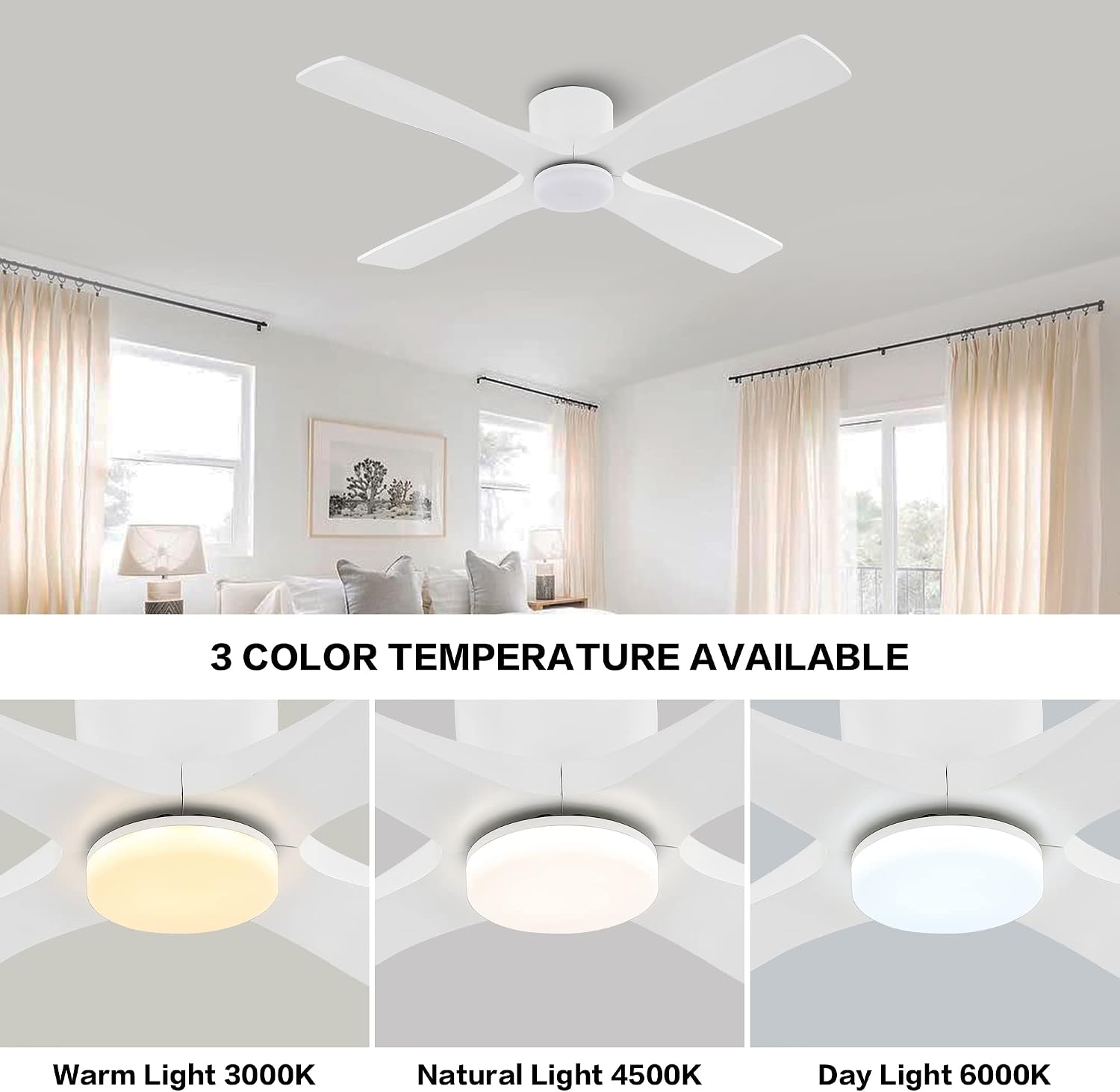 WINGBO 48 Inch Flush Mount DC Ceiling Fan with Lights and Remote, 4 Reversible Carved Wood Blades, 6-Speed Noiseless DC Motor, Hugger Ceiling Fan in White Finish, Low Profile Ceiling Fans, ETL Listed