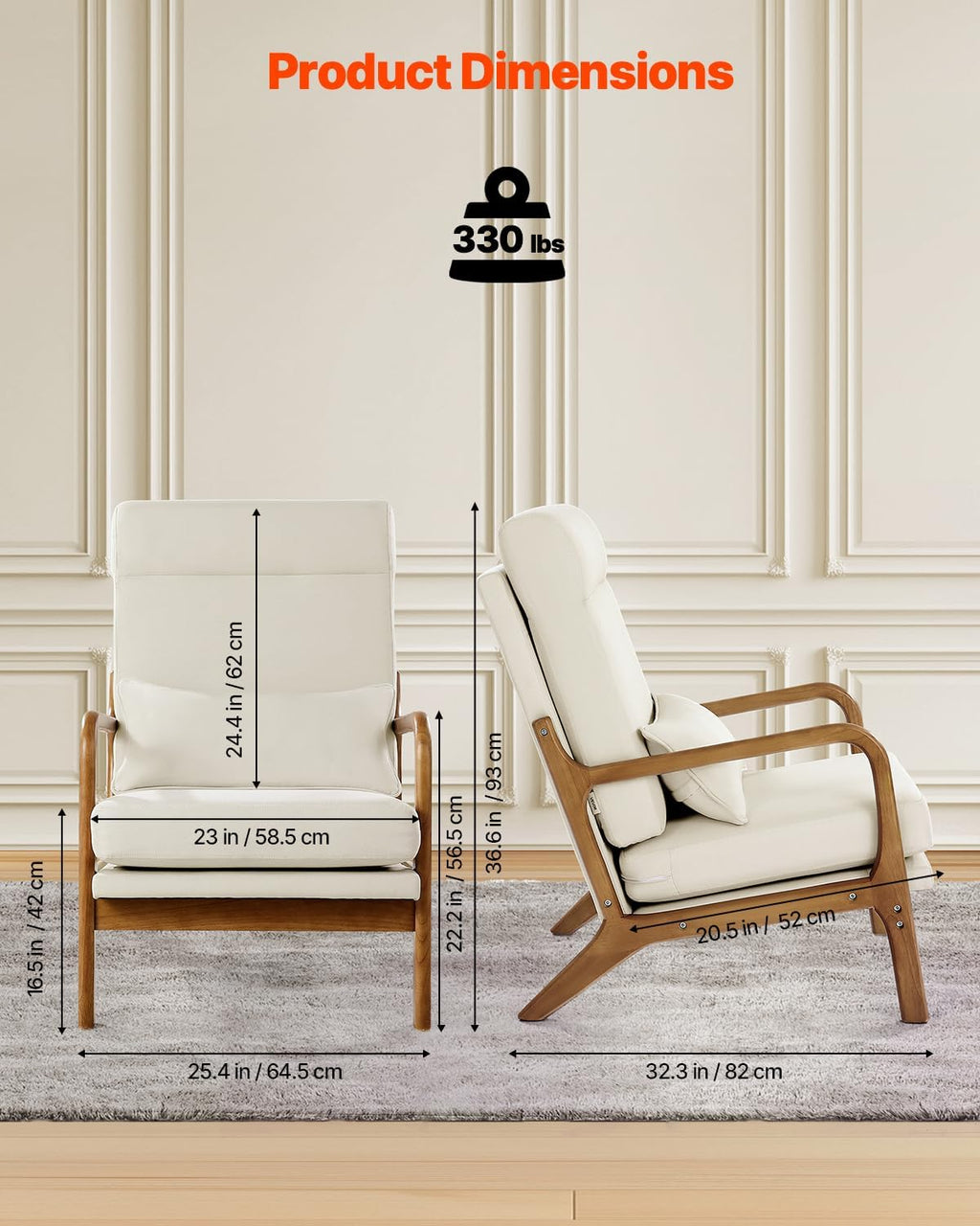 VEVOR Accent Chair, High Back Mid Century Modern Armchair with Solid Wood Frame and Non-Slip Legs, Upholstered Leisure Chair with Linen Fabric and 5.3 in Thickened Cushion, for Living Room, Bedroom