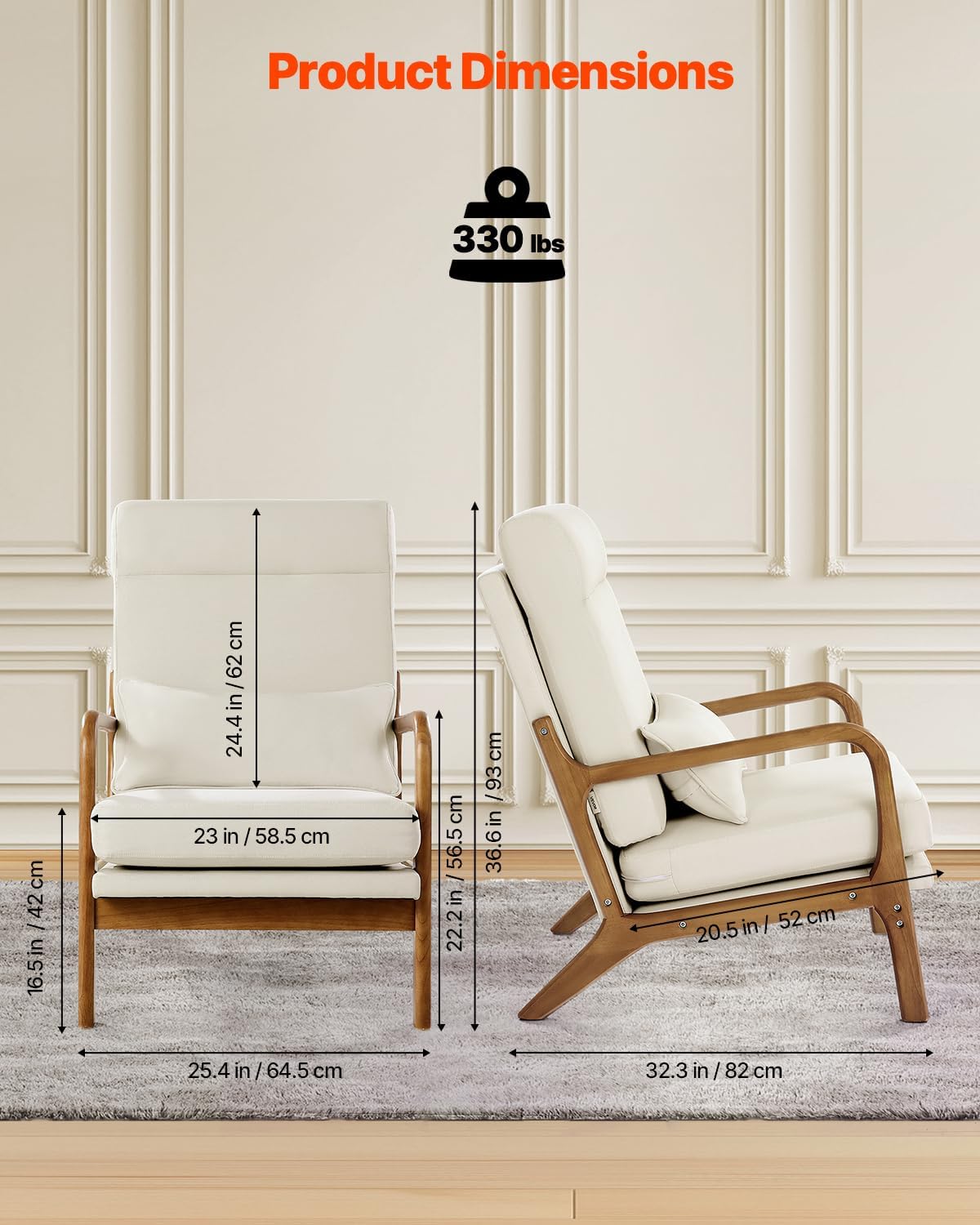 VEVOR Accent Chair, High Back Mid Century Modern Armchair with Solid Wood Frame and Non-Slip Legs, Upholstered Leisure Chair with Linen Fabric and 5.3 in Thickened Cushion, for Living Room, Bedroom