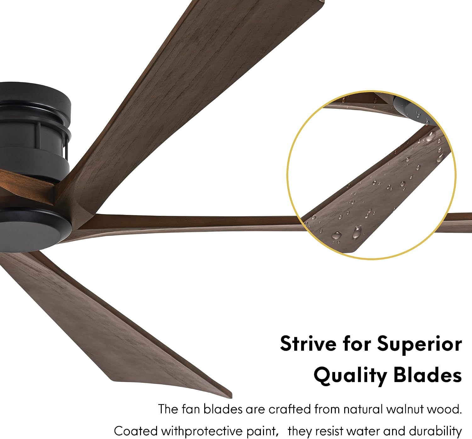 EKIZNSN 84 Inch Low Profile Flush Mount Outdoor Ceiling Fan without Light for Patios, 5 Walnut Wood Blades, 6-Gear Speed, 110V Noiseless DC Motor (Black Finish with Walnut Blades)