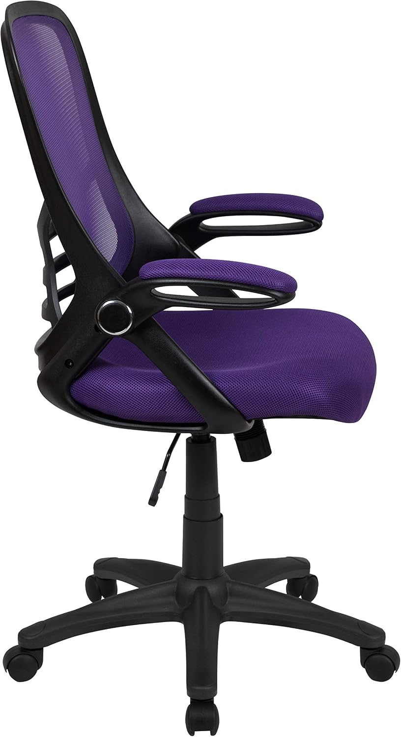 Flash Furniture Porter High-Back Swivel Office Chair with Adjustable Lumbar Support and Seat Height, Ergonomic Mesh Desk Chair with Flip-Up Armrests, Purple/Black