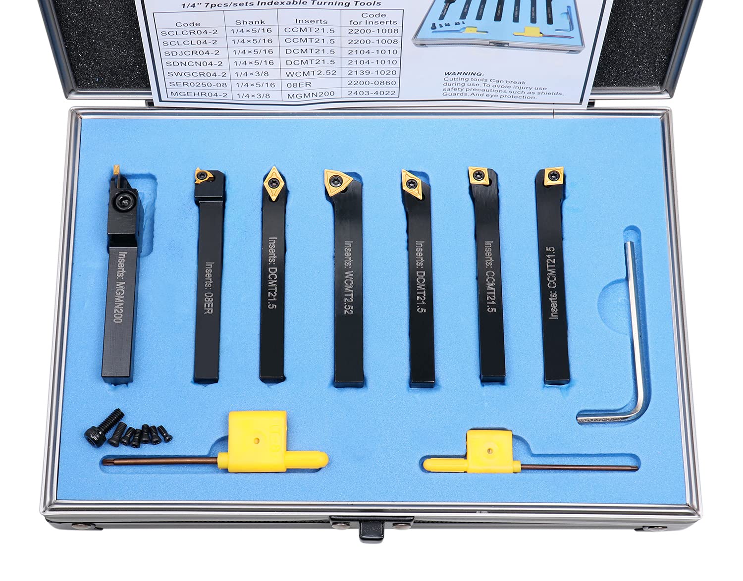 Accusize Industrial Tools 1/4'' Shank 7 Pc Indexable Carbide Turning Tool Set in Fitted Box, 2387-2001