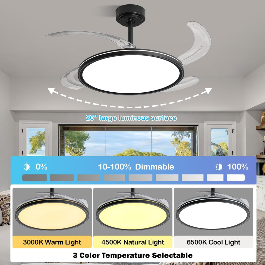 BAYSQUIRREL Slim Retractable Ceiling Fan, 42 Inch Low Profile Ceiling Fan with Remote Control, Dimmable Full Spectrum with Memory, 6-Speed Reversible Fan, Black