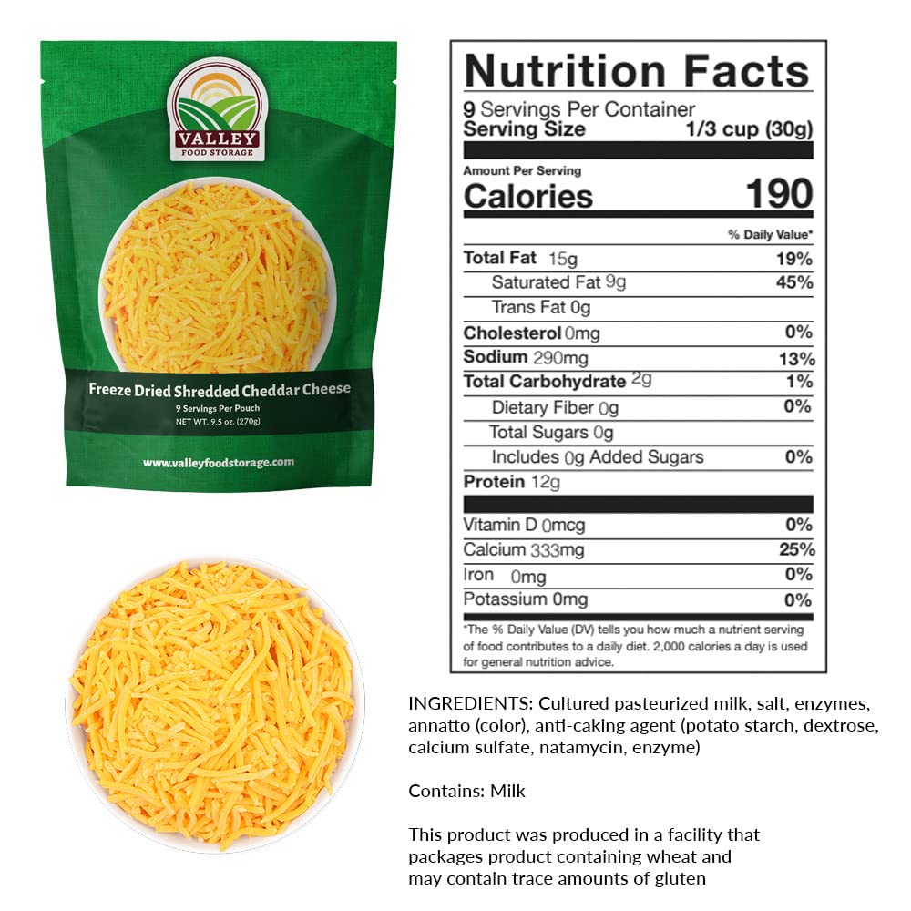 Valley Food Storage Freeze Dried Shredded Cheddar Cheese | 10-Bag Bucket, 95 oz | Premium Emergency Food Supply, 25 Year Shelf Life | Non-GMO Prepper Food for Cooking, Camping & Long-Term Storage