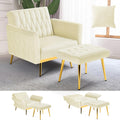 Velvet Accent Chair with Adjustable Armrests and Backrest, Button Tufted Lounge Chair, Single Recliner Armchair with Ottoman and Pillow for Living Room, Bedroom,Beige