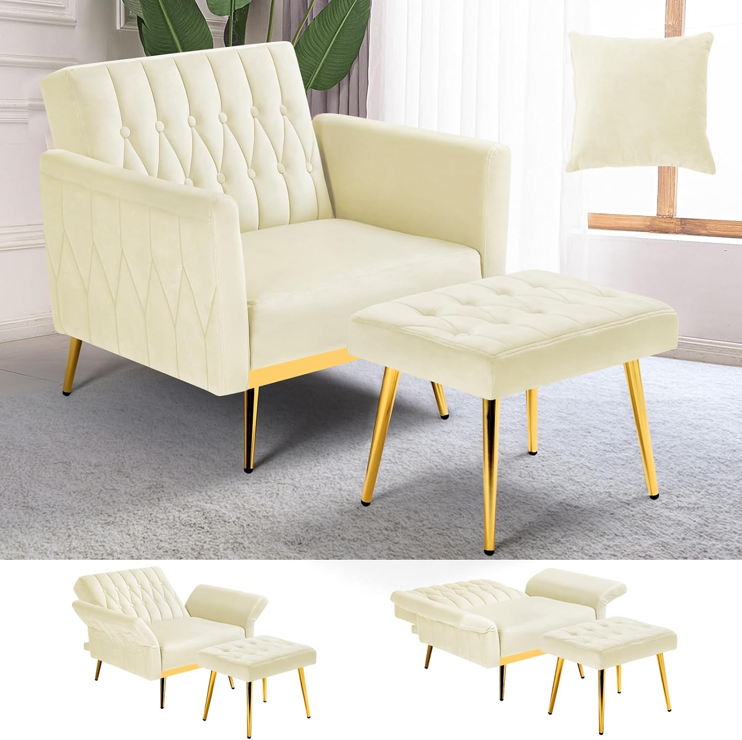 Velvet Accent Chair with Adjustable Armrests and Backrest, Button Tufted Lounge Chair, Single Recliner Armchair with Ottoman and Pillow for Living Room, Bedroom,Beige