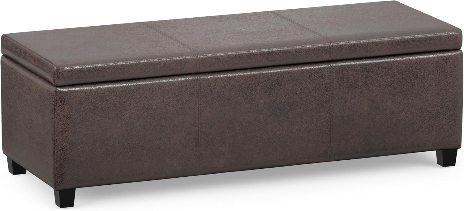SIMPLIHOME Avalon Storage Ottoman Bench - 48' Wide x 16' High Upholstered Vegan Leather Rectangular Lift-Top Ottoman in Distressed Brown, Contemporary Bench for Living Room with High-Density Foam