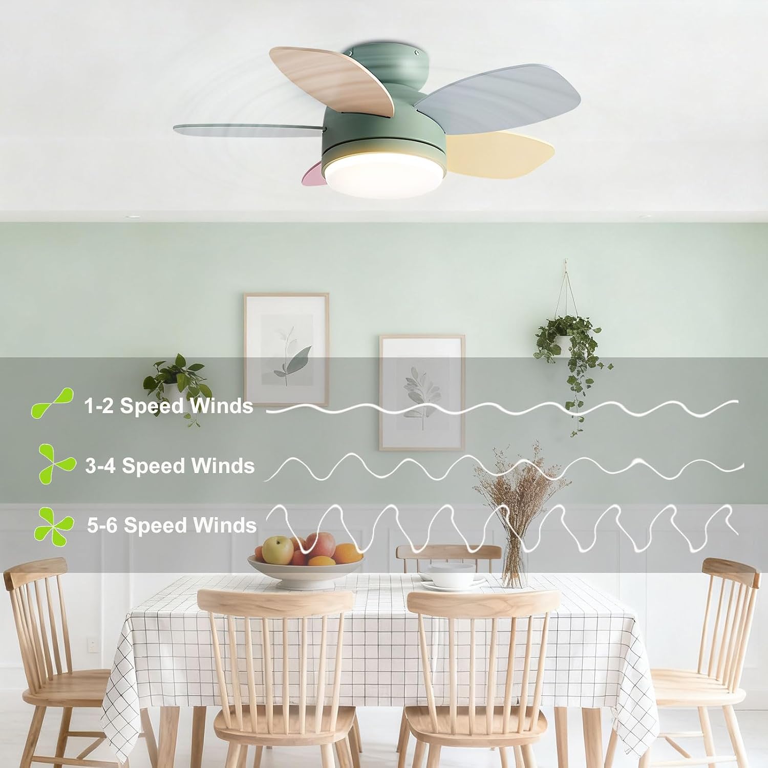 Flush Mount 38in Ceiling Fan with Light 6 Gear Wind Speed Quiet Ceiling Fans Remote LED Ceiling Lights Fan Lighting Timing Reversible Fan Light for Bedroom Kids Room Lounge