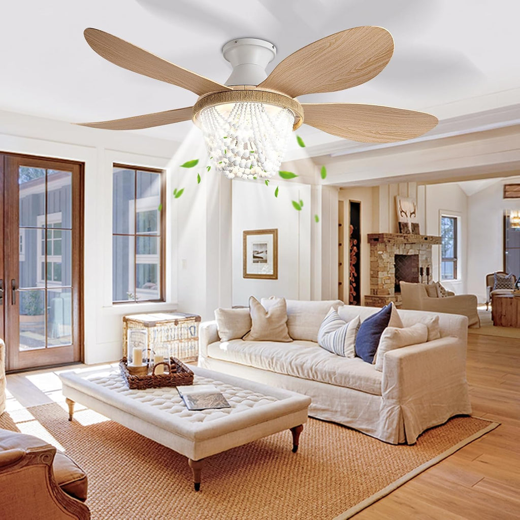 Boho Ceiling Fans with Lights and Remote, Wood Beaded 52 inch Ceiling Fan with Light,6 Speed Reversible Motor LED Flush Mount Ceiling Fans, Ceiling Fan Light for Bedroom Living Room(Wood Blades)
