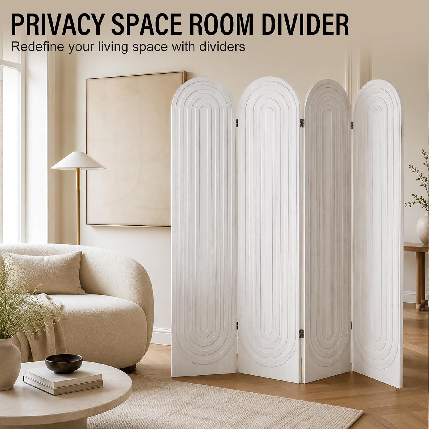 Room Divider and Folding Privacy Screen 4 Panel Wood Arched Room Divider Wall, Separators Divider for Room Separation, Folding Portable Partition Screen for Home Office Bedroom (White)