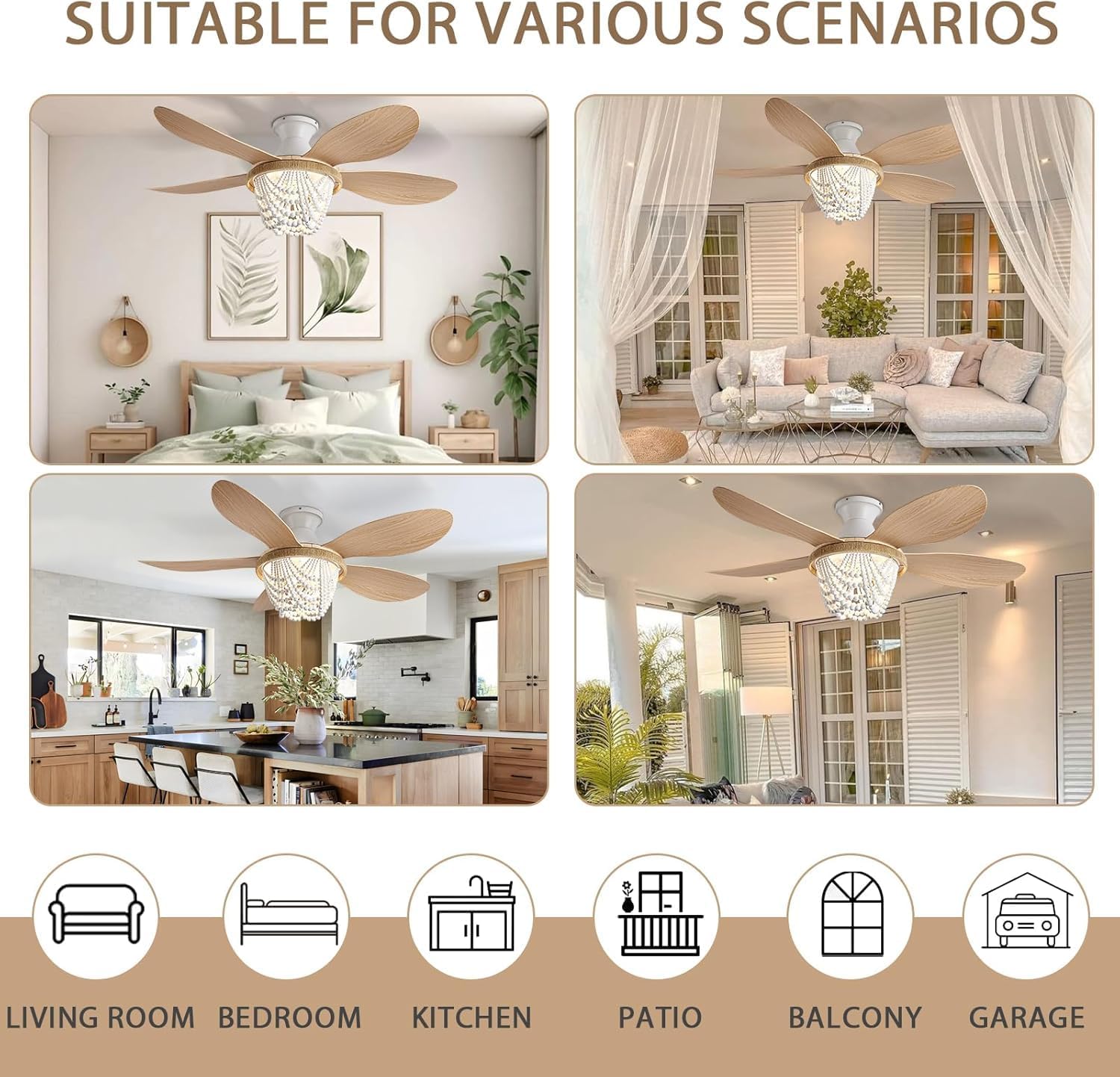 Boho Ceiling Fans with Lights and Remote, Wood Beaded 52 inch Ceiling Fan with Light,6 Speed Reversible Motor LED Flush Mount Ceiling Fans, Ceiling Fan Light for Bedroom Living Room(Wood Blades)