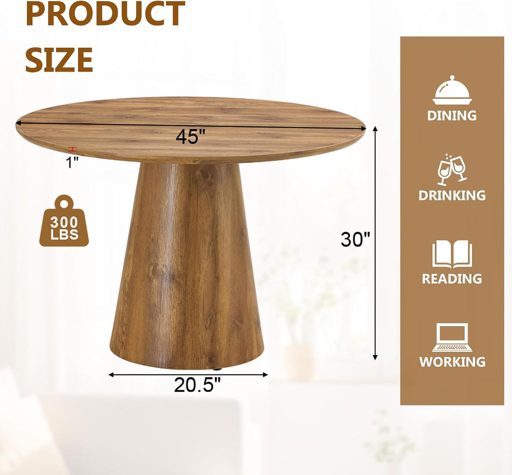 45'' Round Dining Table, Small Round Dining Room Table, One-Piece Tabletop and Stable Pedestal Base, Mid Century Modern Wood Dinner Table for Kitchen Dining Room, Apartment