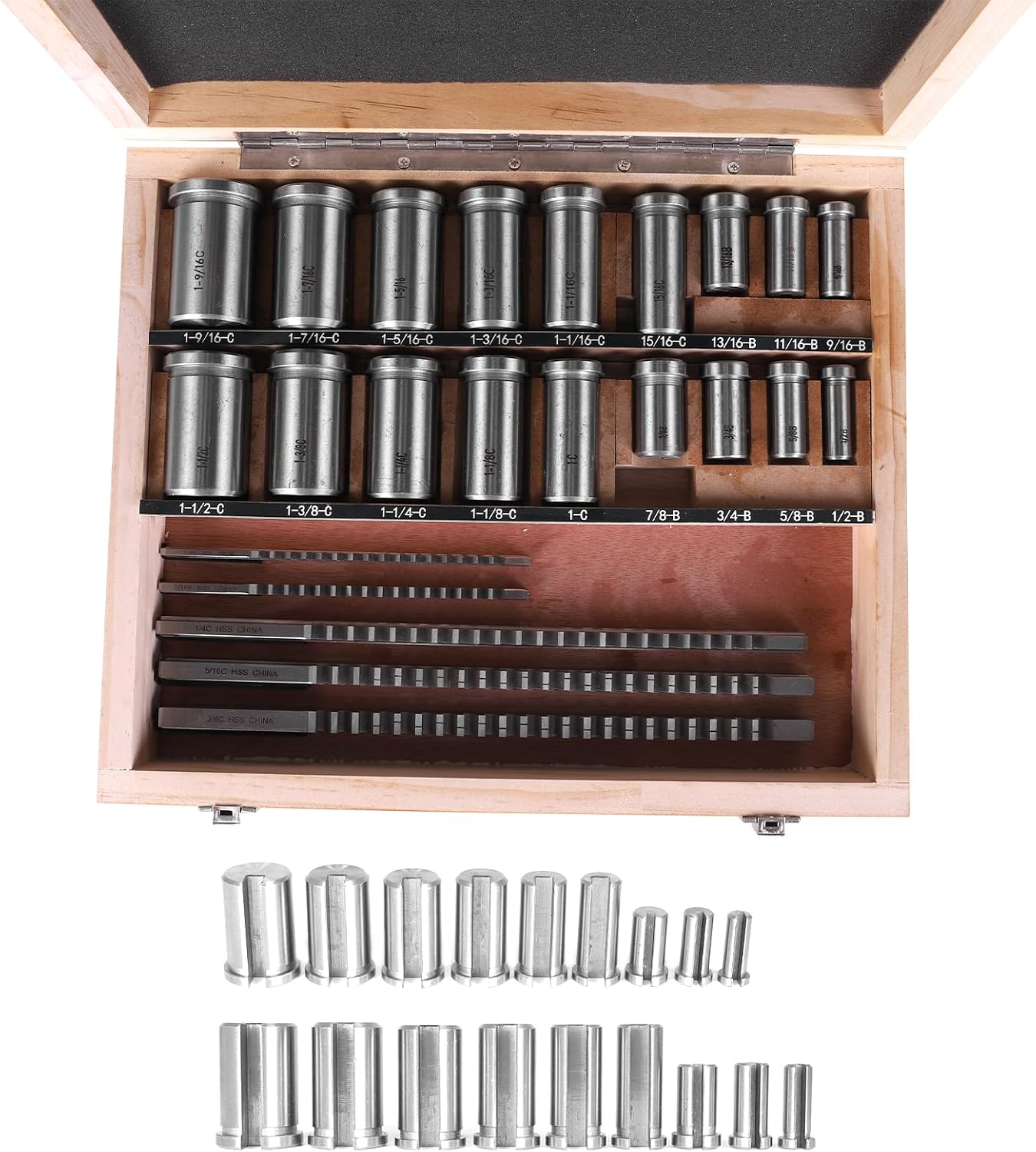 Generic Keyway Broach Kit Metalworking Tool Bushing Spacer Set with 5 Broaches 18 Bushings 7 Shims 30pcs for Metalworking and Manufacturing