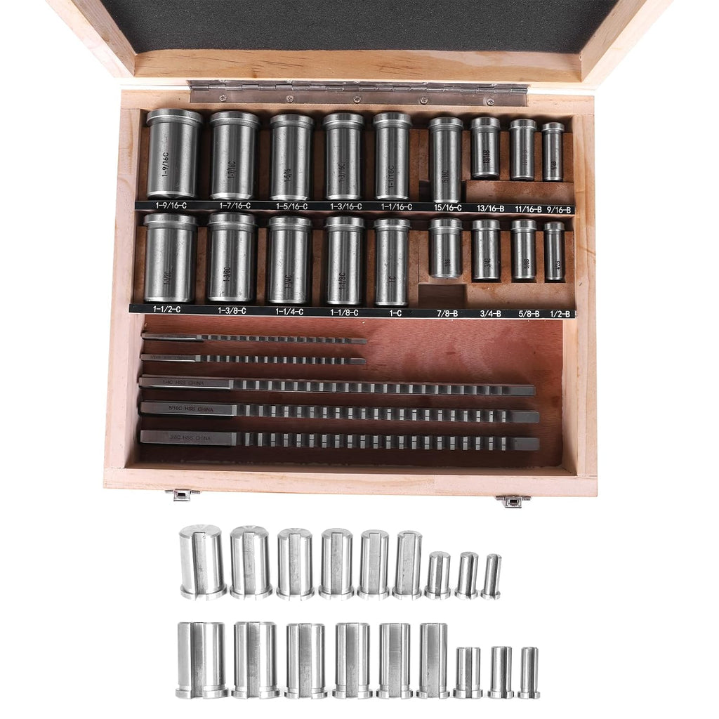 30-Piece Keyway Broach Kit, Metalworking Tool Set with 5 Broaches, 18 Bushings & 7 Shims for Metalworking & Manufacturing
