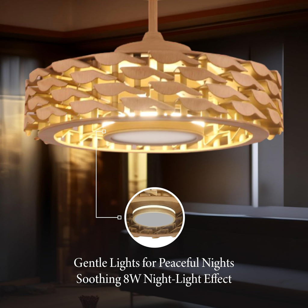 Bladeless Ceiling Fan with Lights & Remote – LUMIO 28' Low-Profile Downrod or Flush Mount Ceiling Fan with Lights for Bedroom & More – Dimmable LED, Night Light & Wi-Fi Connect, Faux Wood