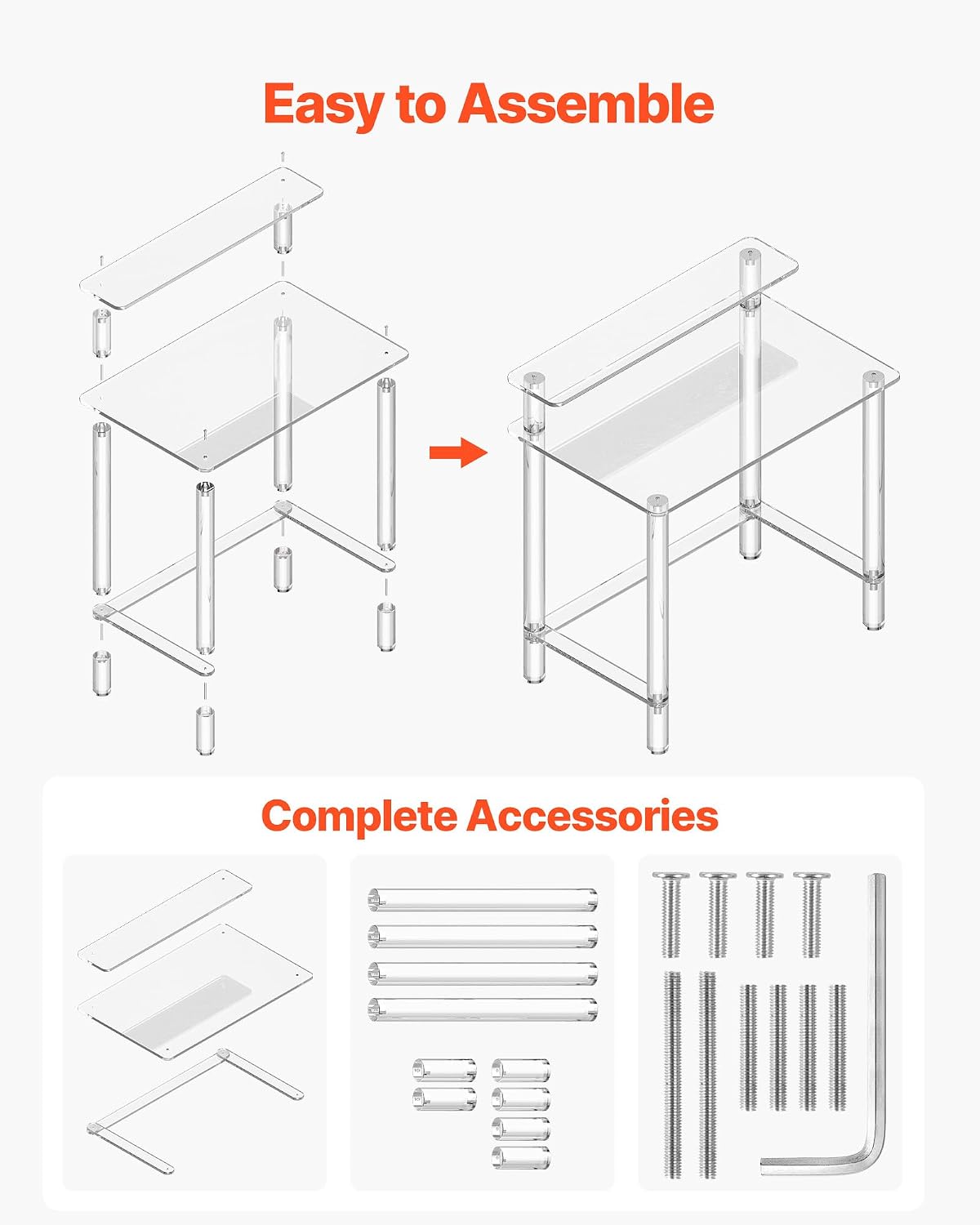 VEVOR Acrylic Desk with Monitor Stand, 2-Tier Clear Table Study Writing Desk, Modern Computer Desk for Home Office, Study, Bedroom Vanity, Living Room, 31.5' W x 19.7'' D x 34.7' H