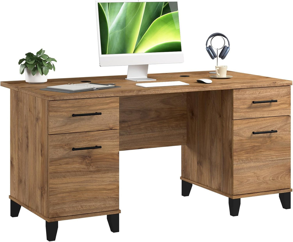 Bush Home 60-Inch Office Desk with Drawers, Computer Desk with File and Box Drawers, Home Office Workstation with Storage Cabinet, Writing Desk Furniture, Somerset Collection, Fresh Walnut