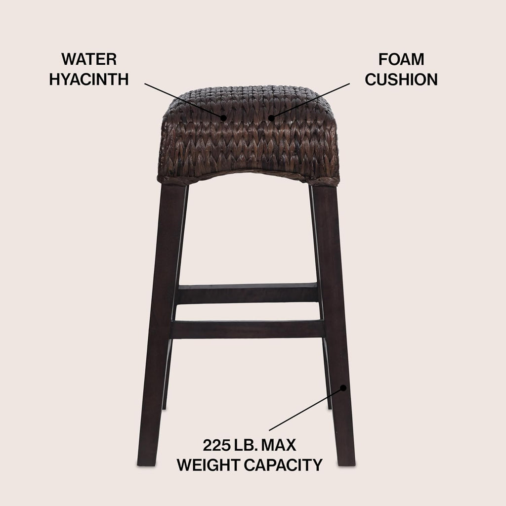 JONATHAN Y Maui Coastal Woven Water Hyacinth Counter Stool, Mango Wood Frame, 26' Backless Counter Stool for Kitchen Island with Integrated Footrest, Fully Assembled, Coastal, Dark Brown CSL1101C