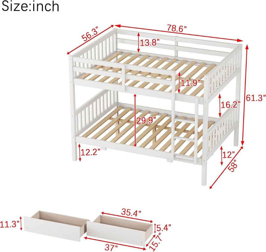 PVWIIK Full Over Full Wood Bunk Bed with 2 Drawers & Ladder for Adult Teenagers Kids Bedroom Dorm Guest Room,Convertible into 2 Full Beds Frame/Under Bed Space/No Box Spring Required,White