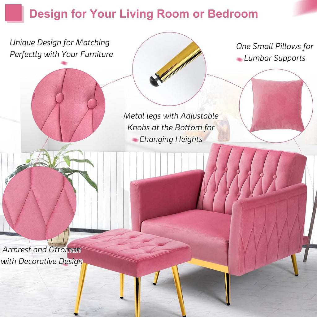 Velvet Accent Chair with Adjustable Armrests and Backrest, Button Tufted Lounge Chair, Single Recliner Armchair with Ottoman and Pillow for Living Room, Bedroom, Pink