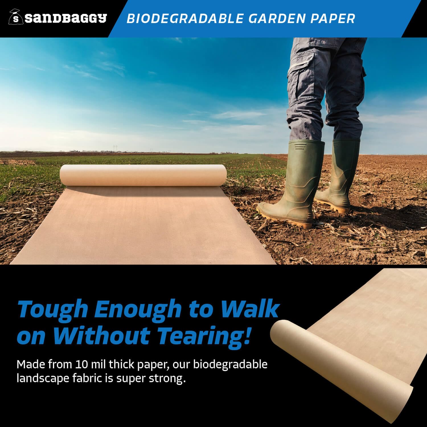 Sandbaggy Biodegradable Landscape Fabric - Garden Paper for Weeds - Paper Mulch Rolls - Made in America (2 ft x 475 ft, 1)
