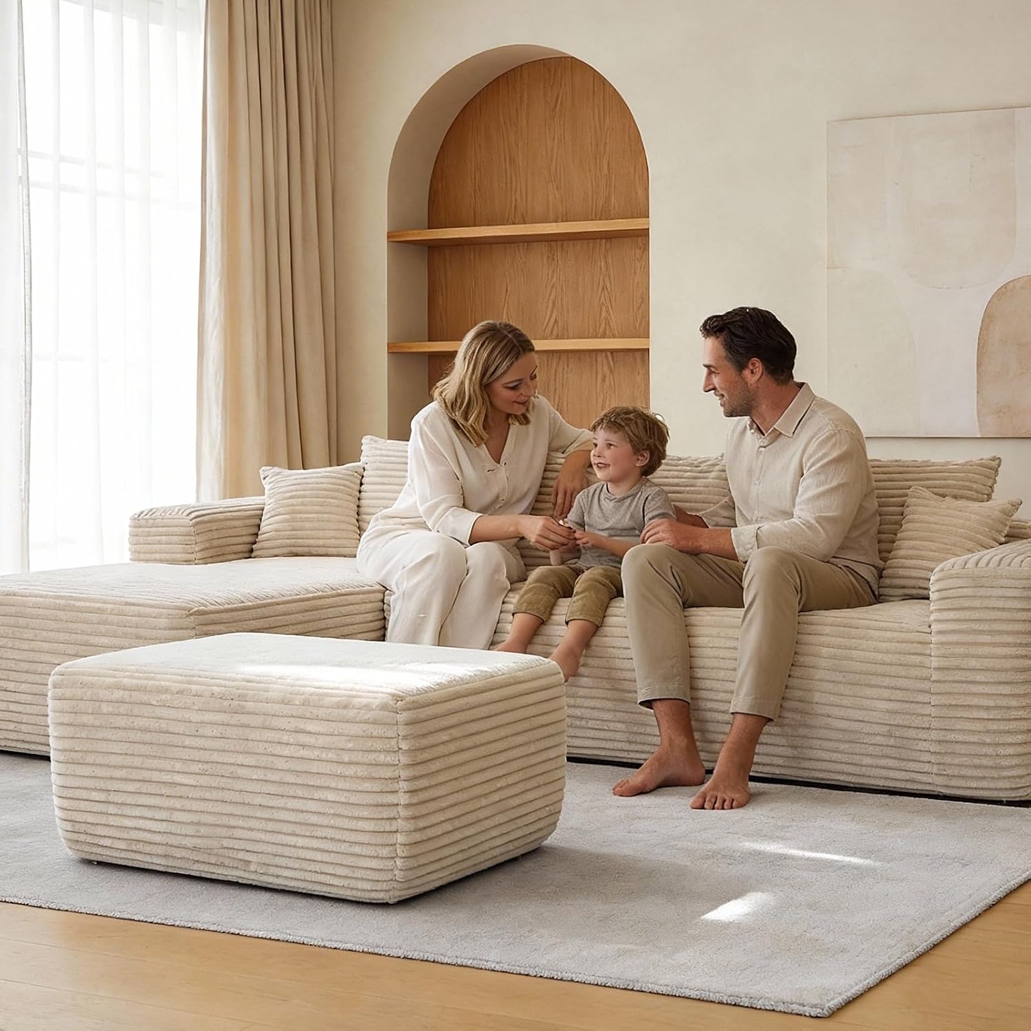 EVLIQUIL Large Ottoman Foot Rest 37' Beige, Sofa Couch Ottomon with Soft Long-Pile Fabric, High Resilience Foam & Spring Support, Ottoman for Living Room Extra Seating