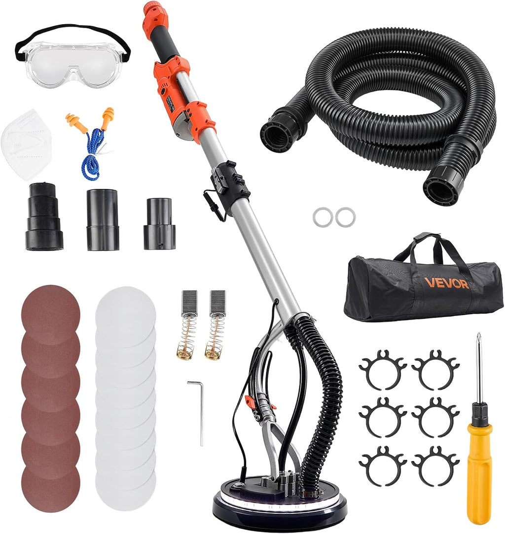 VEVOR Drywall Sander, 1010W Electric Drywall Sander, Popcorn Ceiling Removal Tool with 7 Variable Speed 1000-2200 RPM, Double-Deck LED Light, Foldable & Extendable Handle, 15 Sanding Discs, Dust Hose