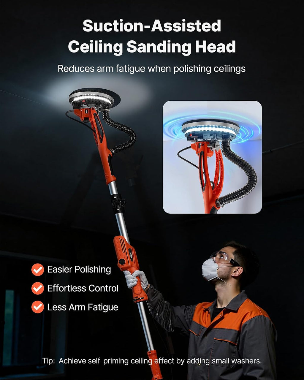 VEVOR Drywall Sander, 950W Electric Drywall Sander, Popcorn Ceiling Removal Tool with 7 Variable Speed 1000-2300 RPM, Double-Deck LED Light, Foldable & Extendable Handle, 15 Sanding Discs, Dust Hose