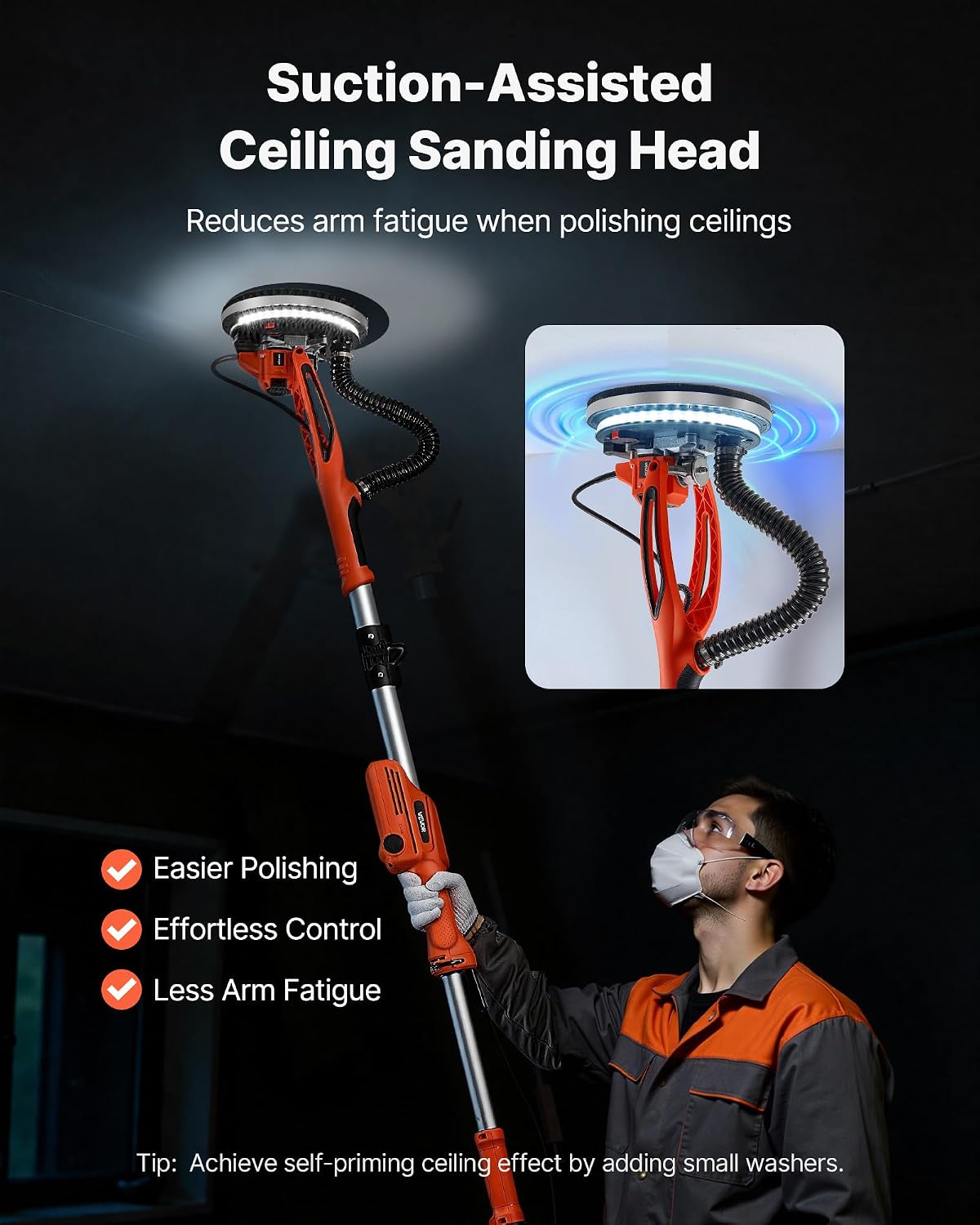 VEVOR Drywall Sander, 950W Electric Drywall Sander, Popcorn Ceiling Removal Tool with 7 Variable Speed 1000-2300 RPM, Double-Deck LED Light, Foldable & Extendable Handle, 15 Sanding Discs, Dust Hose