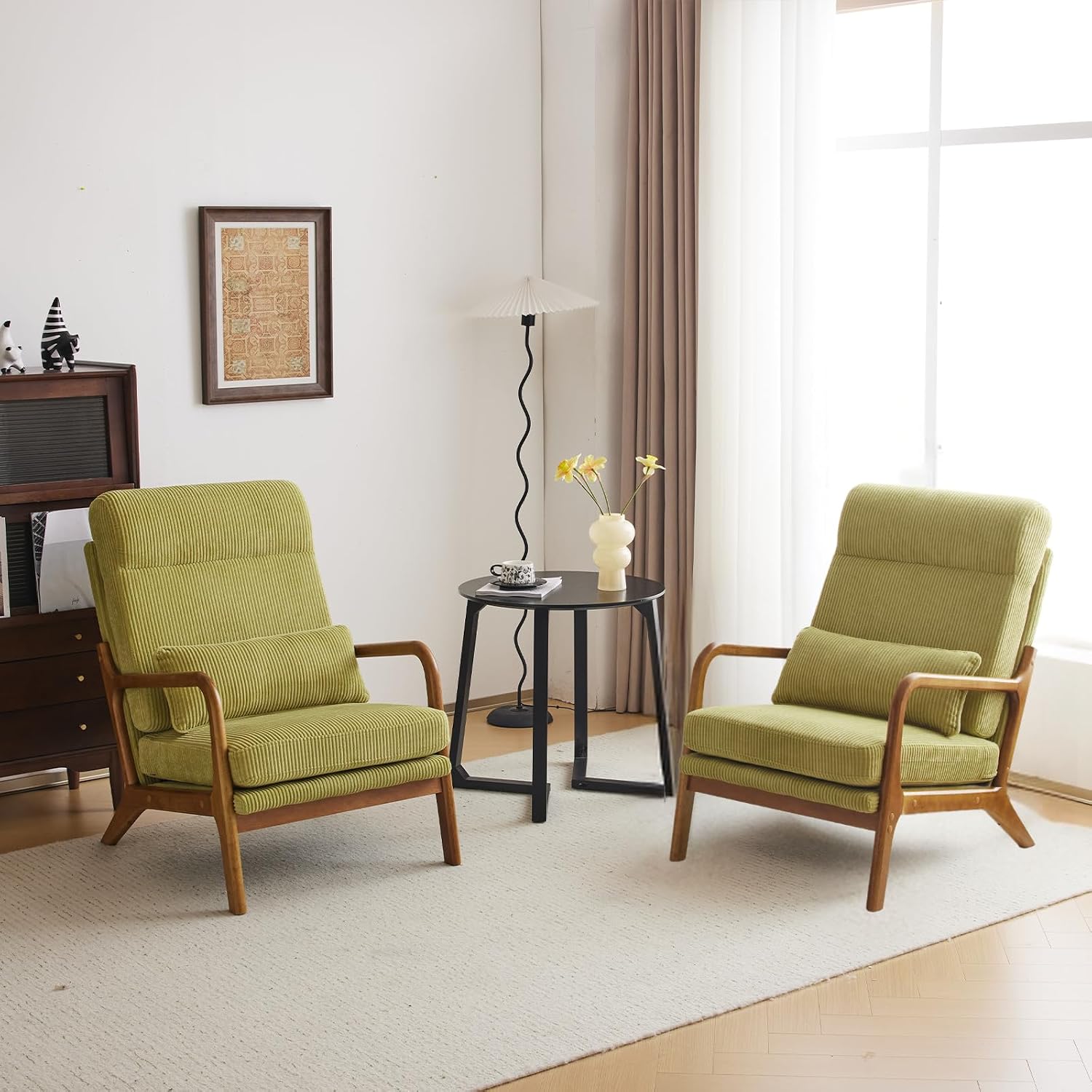 Karl home Mid-Century Modern Accent Chair, Living Room Chairs with Pillow High Back Corduroy Upholstered Lounge Armchair with Solid Wood Frame & Soft Cushion for Bedroom, Reading Room, Green