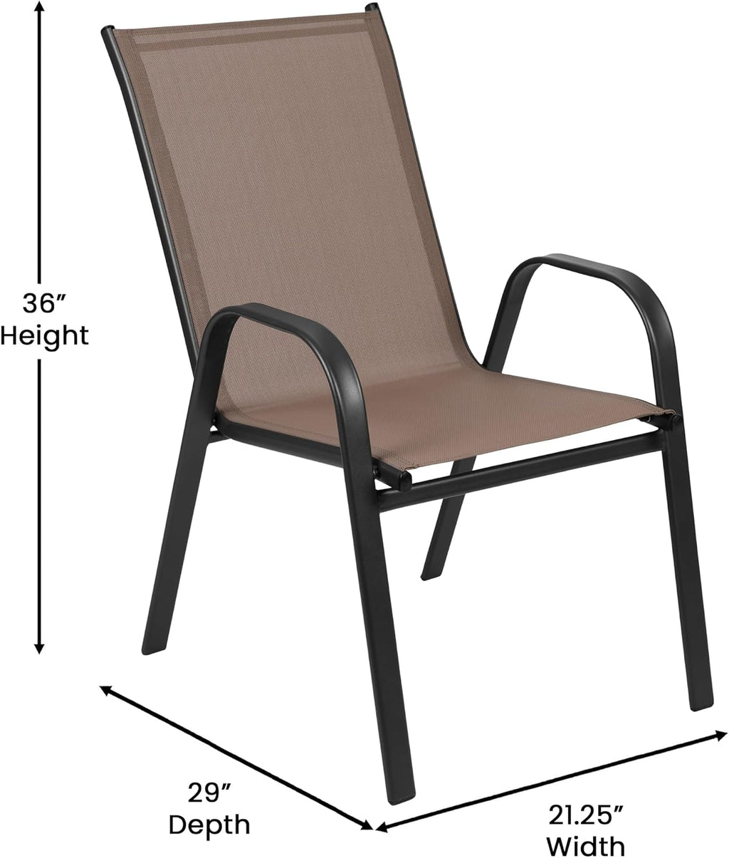 Flash Furniture Brazos Commercial Outdoor Dining Set, 60' Tempered Glass Patio Table with Umbrella Hole, 6 Stack Chairs with Flex Comfort Seats and Backs, Brown/Black
