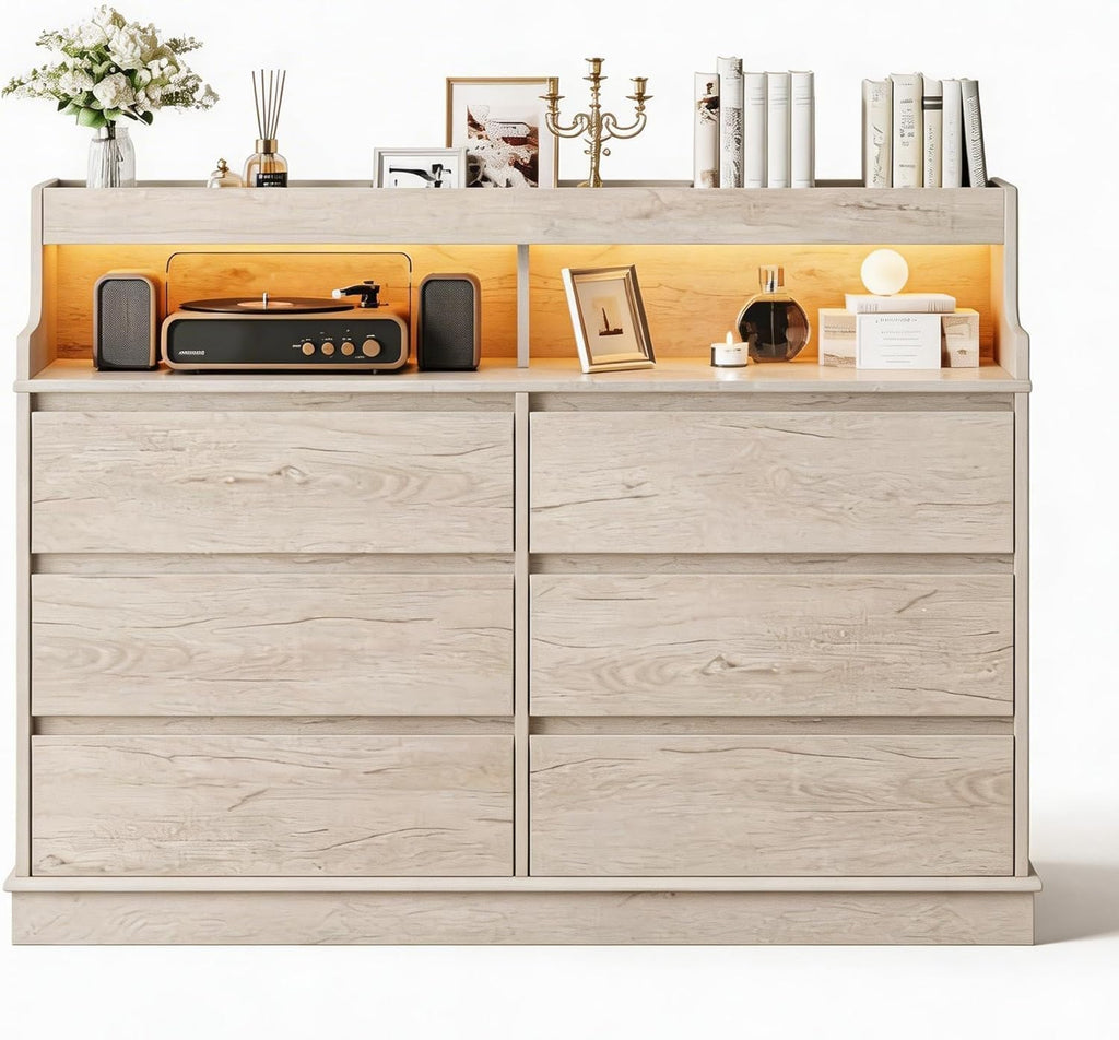 Garvee LED Dresser with Charging Station - Modern 5-Drawer 47' Wide Wooden Chest, Storage Organizer for Bedroom, Nursery, Hallway & Apartments