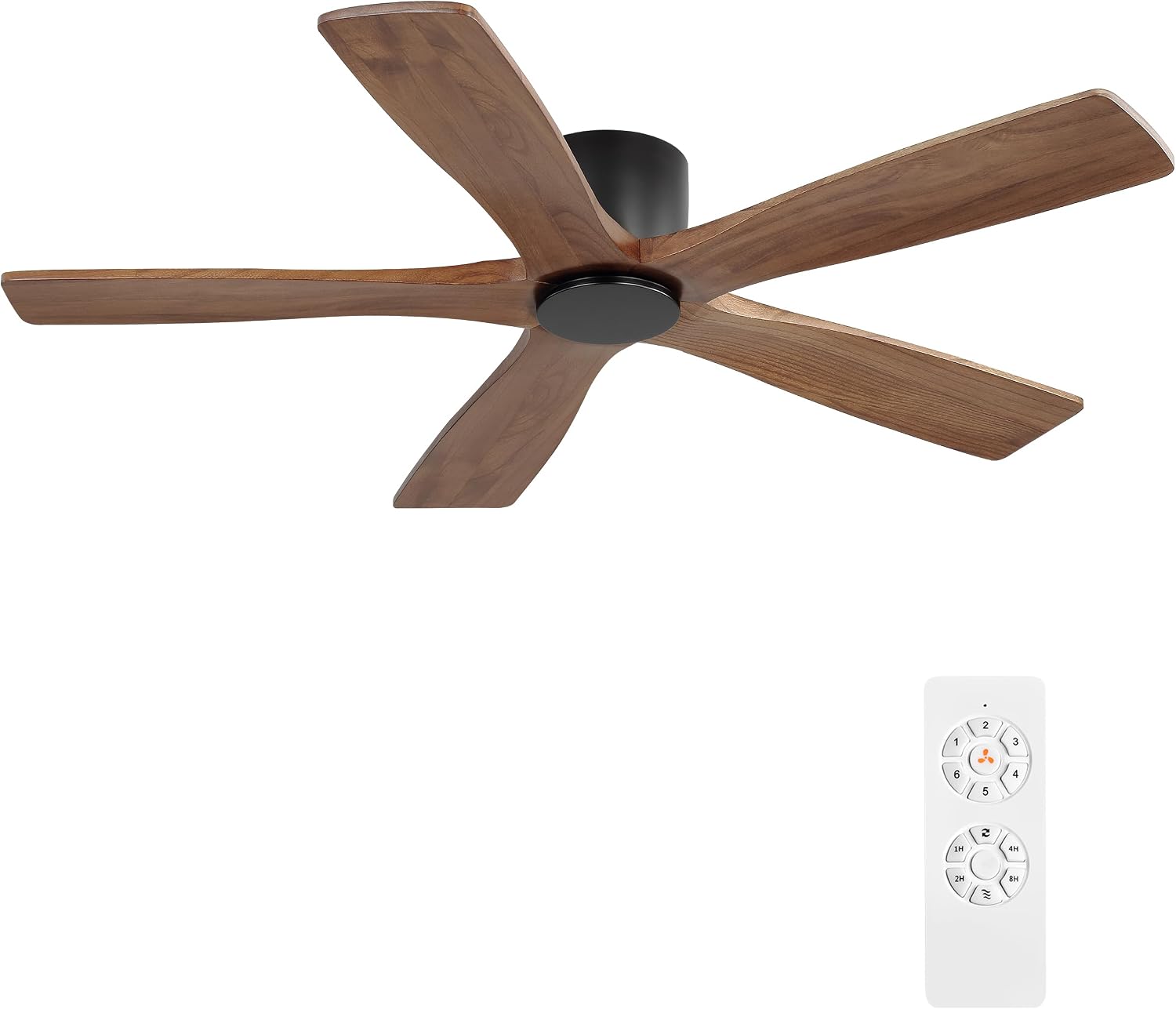 WINGBO 48' Flush Mount DC Ceiling Fans without Lights, 5 Carved Solid Wood Blades, 6-Speed Reversible DC Motor, Low Profile Hugger Ceiling Fan No Lights for Living Room Bedroom Patio, Black and Walnut