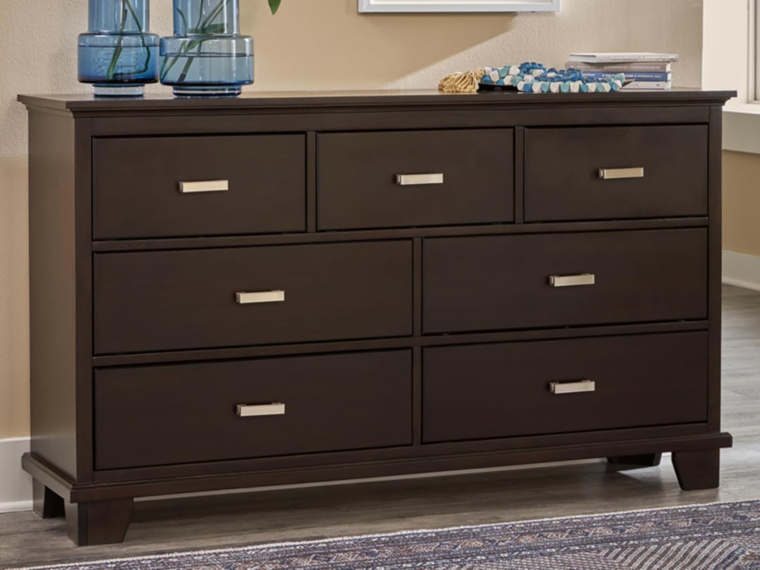 Signature Design by Ashley Covetown Bedroom Dresser, 62-Inch Wide 7-Drawer Storage, Dark Brown, Quick and Easy Assembly, Hardwood Solids, Engineered Wood Veneer, and MDF Substrates