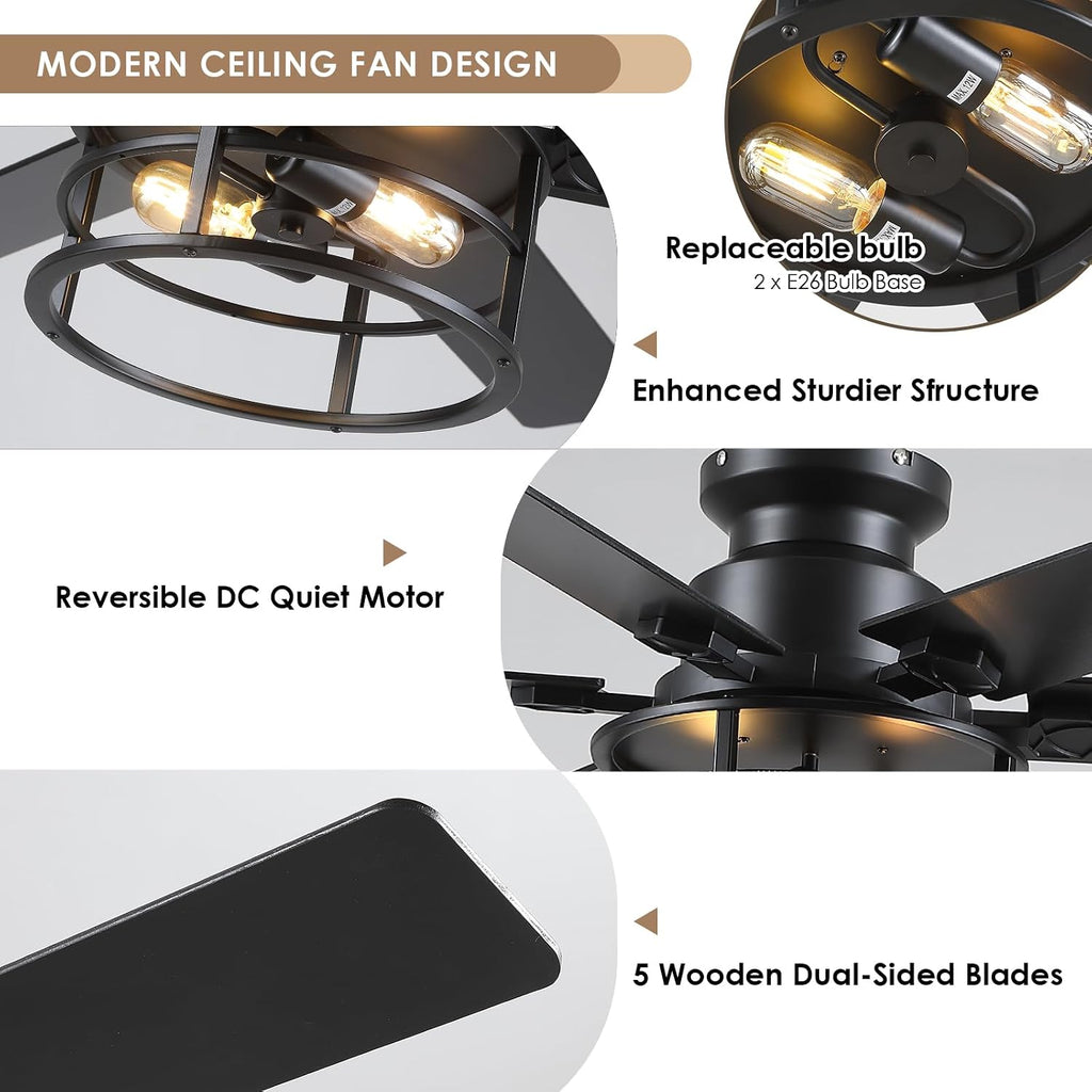 Hounberi 52' Caged Ceiling Fan with Lights and Remote, 6-Speed Quiet DC Motor & E26 Base, 6 Reversible Blades for Black & Wood, Modern Rustic Low Profile Ceiling Fans for Bedroom & Living Room