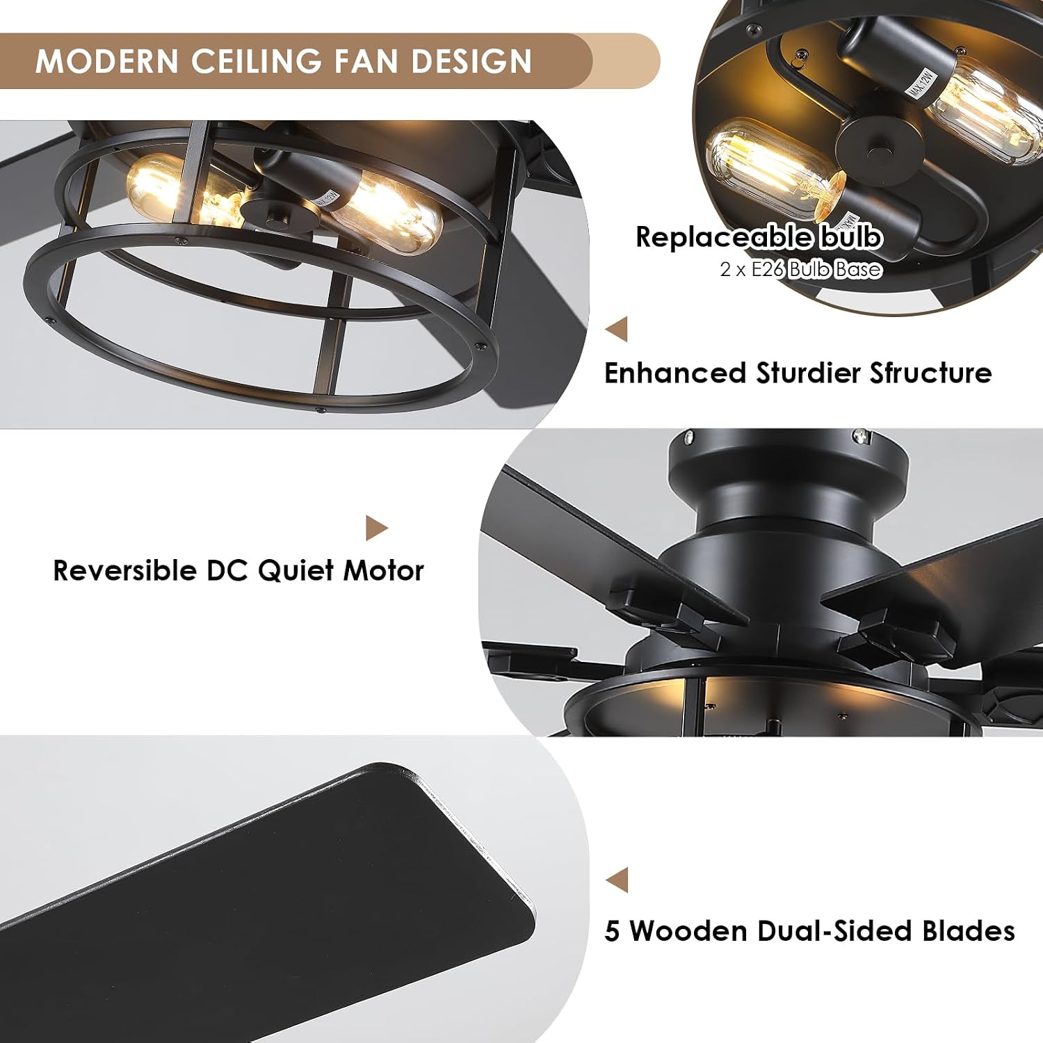 Hounberi 52' Caged Ceiling Fan with Lights and Remote, 6-Speed Quiet DC Motor & E26 Base, 6 Reversible Blades for Black & Wood, Modern Rustic Low Profile Ceiling Fans for Bedroom & Living Room