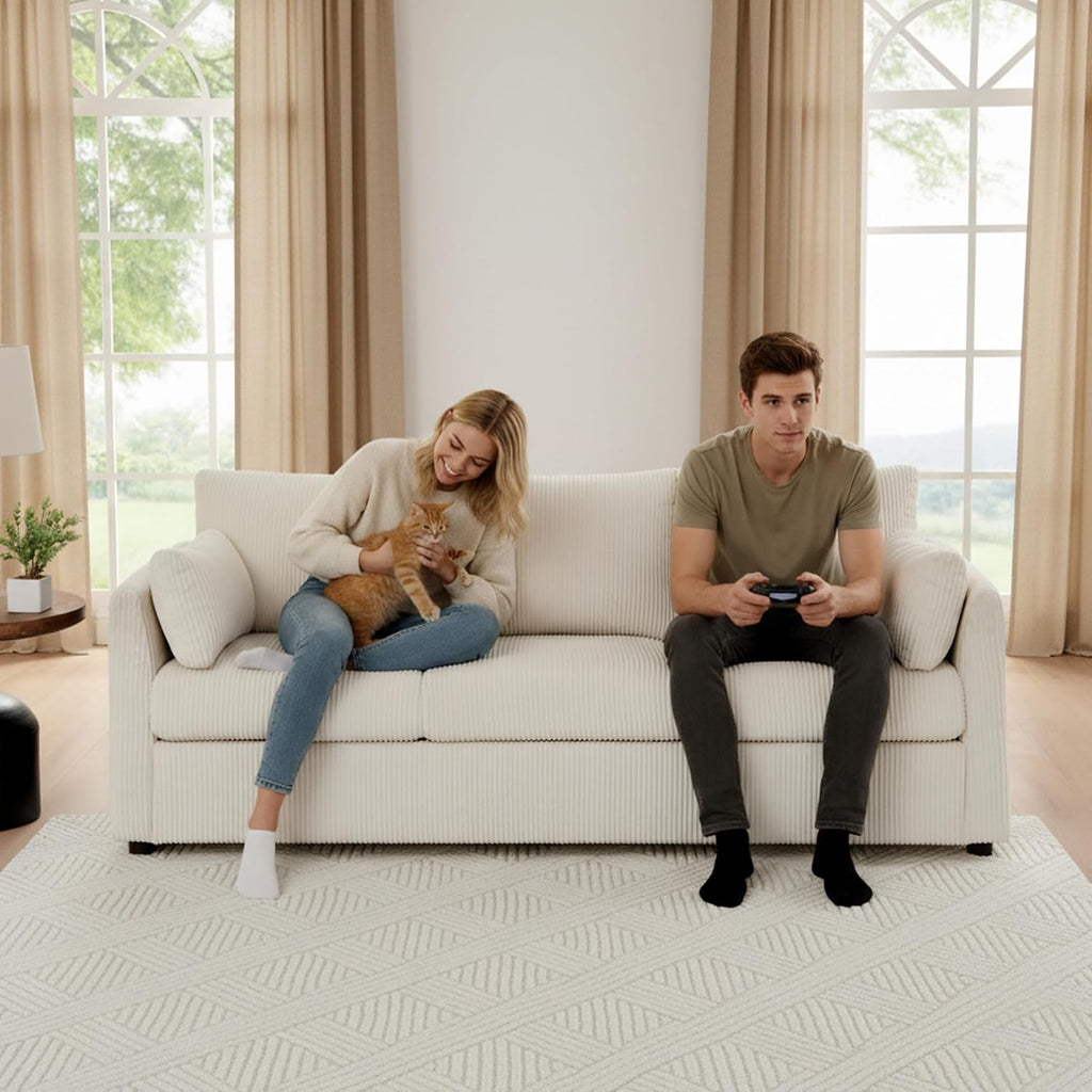 Mofolit Sofa Set for Living Room Corduroy Couch Sets 3 Seater and Single Chair, Sofas for Apartment and Small Spaces (Beige, Sofa Set)