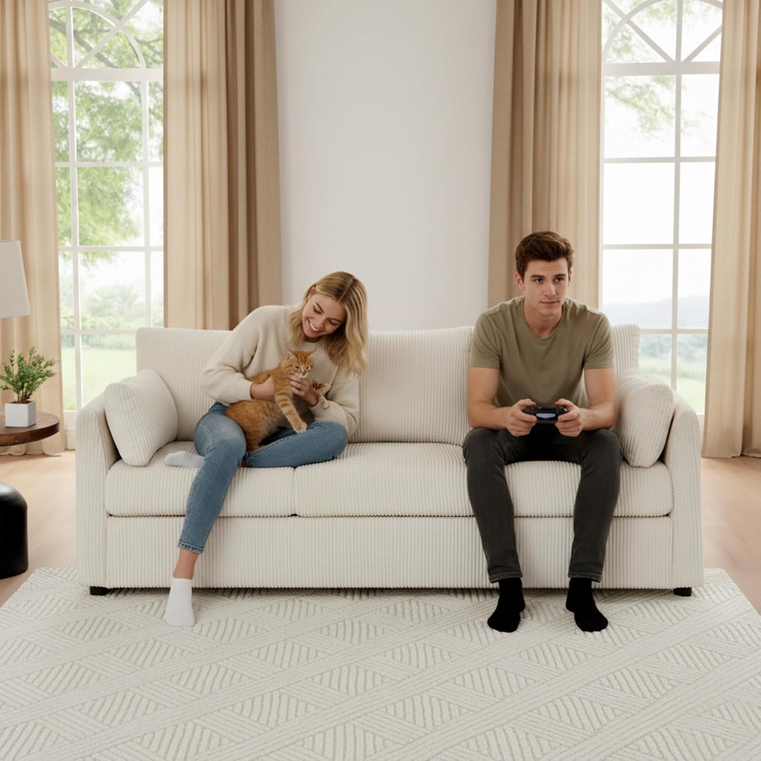 Mofolit Sofa Set for Living Room Corduroy Couch Sets 3 Seater and Single Chair, Sofas for Apartment and Small Spaces (Beige, Sofa Set)