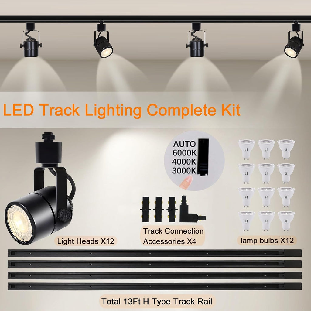 Black Dimmable LED Track Lighting Kit, 3CCT 10W Track Lighting Heads 3000K/4000K/6000K Adjustable with 13FT H-Type Track Light Rails 12PCS Ceiling Spotlight Fixture Replaceable GU10 Bulbs