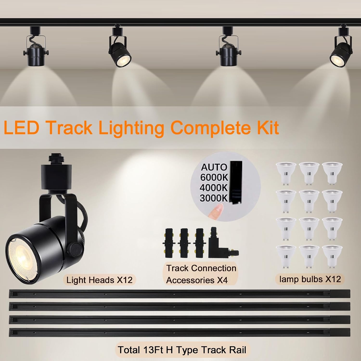 Black Dimmable LED Track Lighting Kit, 3CCT 10W Track Lighting Heads 3000K/4000K/6000K Adjustable with 13FT H-Type Track Light Rails 12PCS Ceiling Spotlight Fixture Replaceable GU10 Bulbs