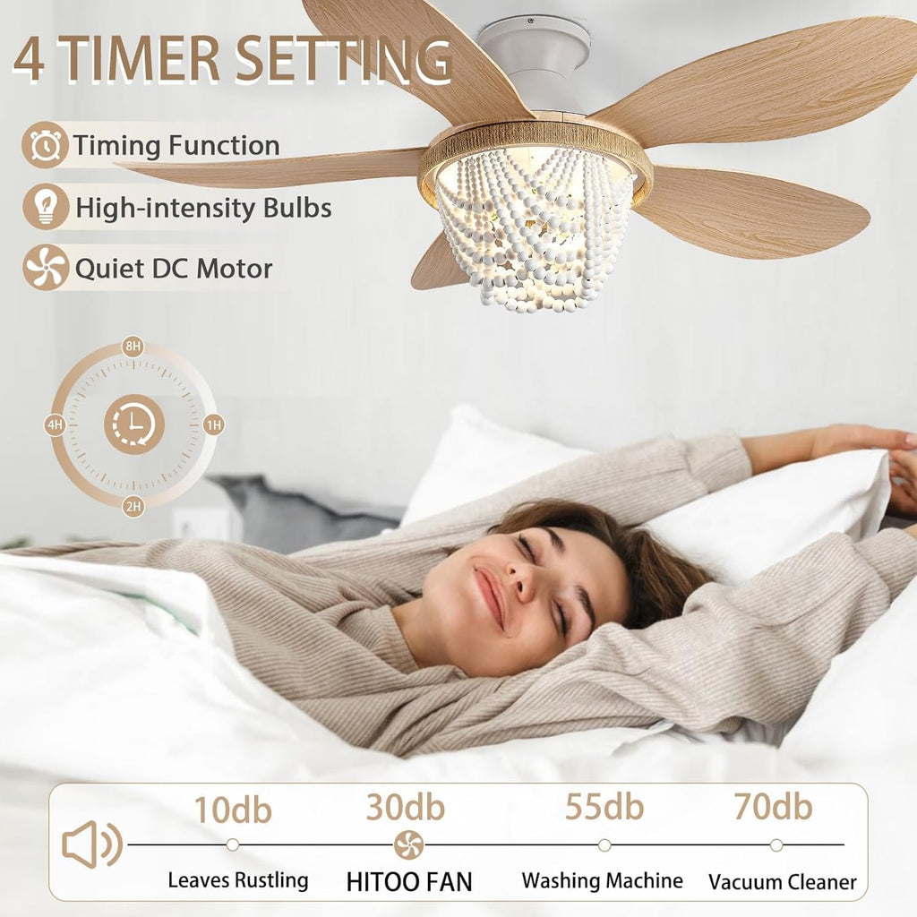 Boho Ceiling Fans with Lights and Remote, Wood Beaded 52 inch Ceiling Fan with Light,6 Speed Reversible Motor LED Flush Mount Ceiling Fans, Ceiling Fan Light for Bedroom Living Room(Wood Blades)