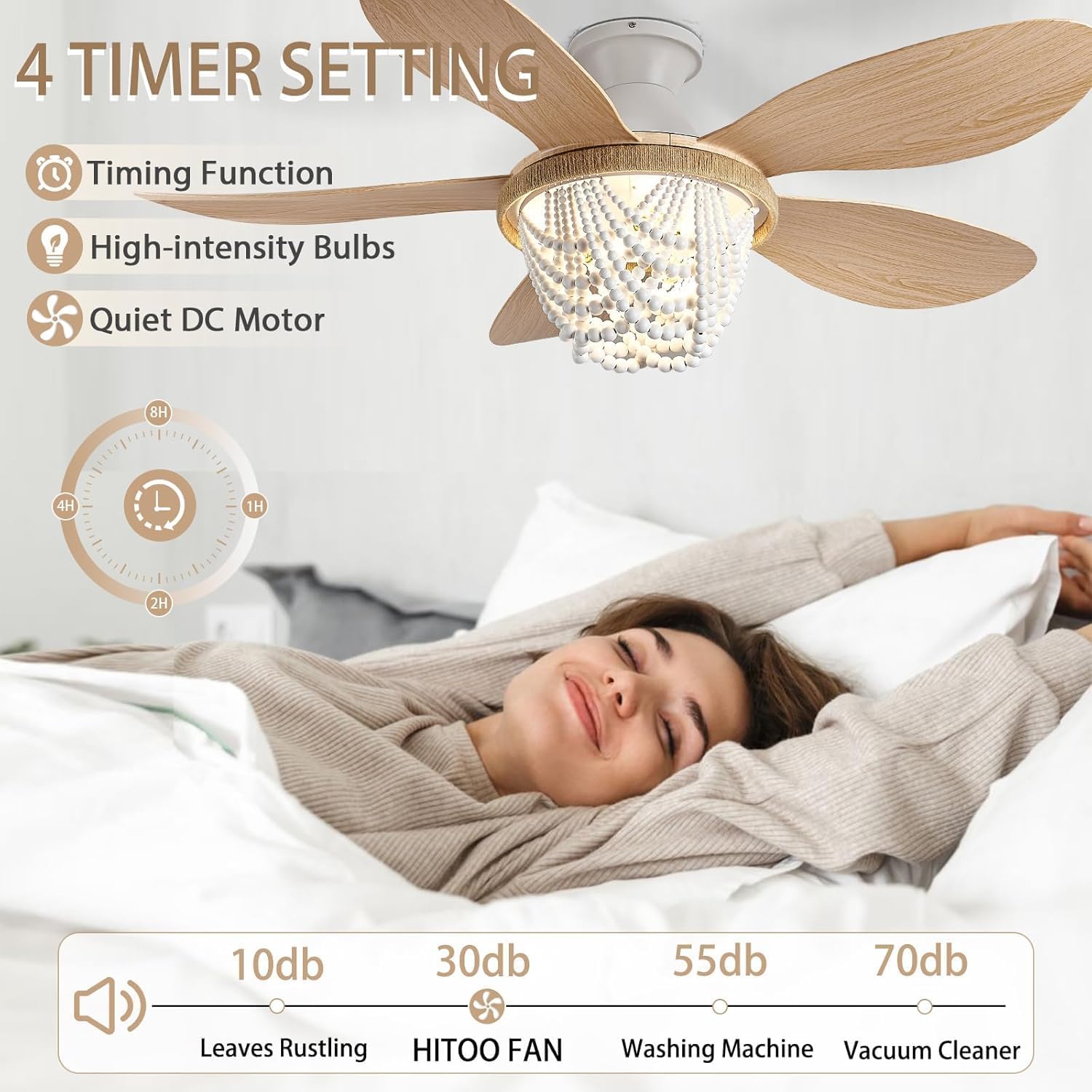 Boho Ceiling Fans with Lights and Remote, Wood Beaded 52 inch Ceiling Fan with Light,6 Speed Reversible Motor LED Flush Mount Ceiling Fans, Ceiling Fan Light for Bedroom Living Room(Wood Blades)
