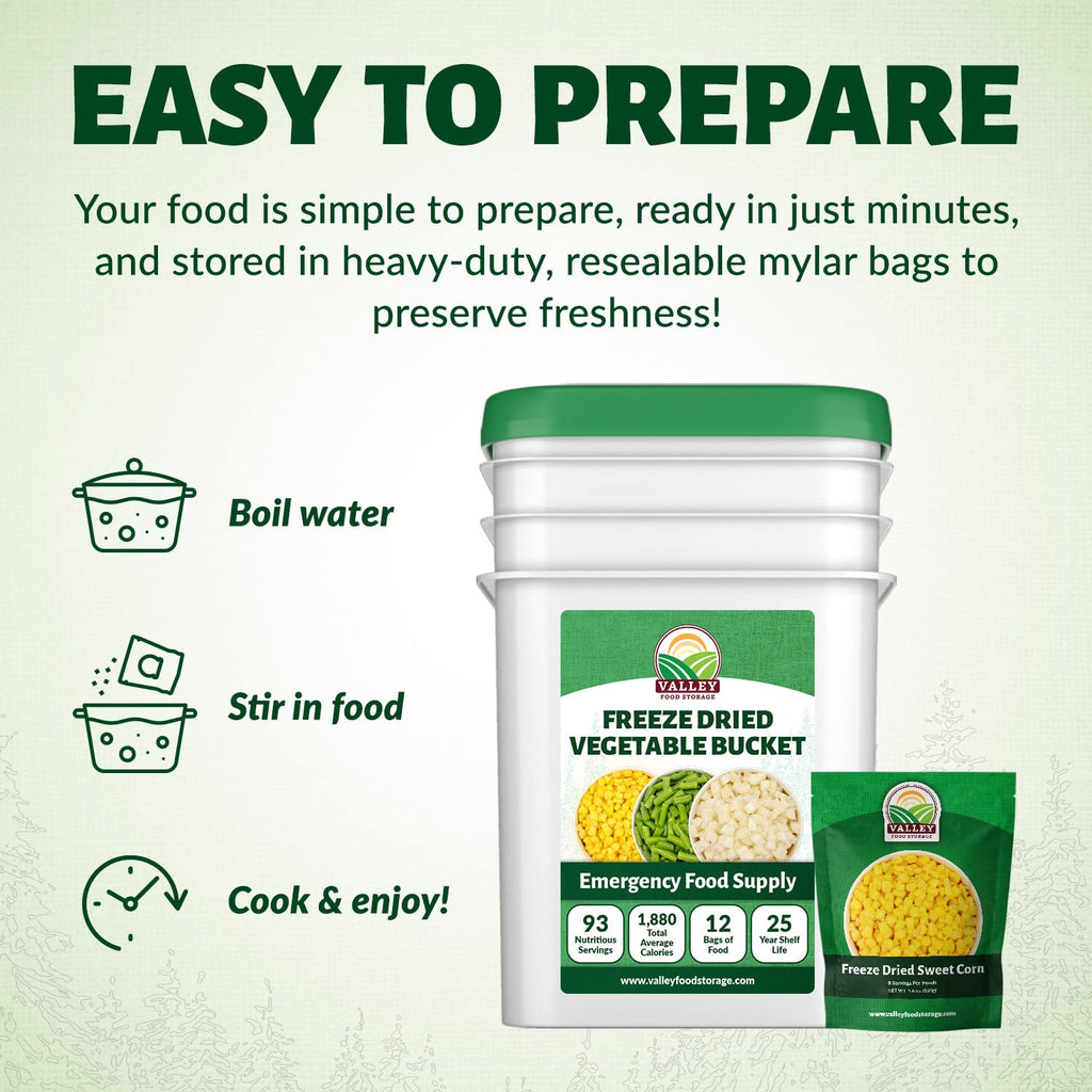 Valley Food Storage Freeze Dried Vegetable Bucket | 12 Pouches, Mixed Vegetables | Premium Emergency Food Supply, 25 Year Shelf Life | Survival Food for Camping, Prepper Storage & Off-Grid Living