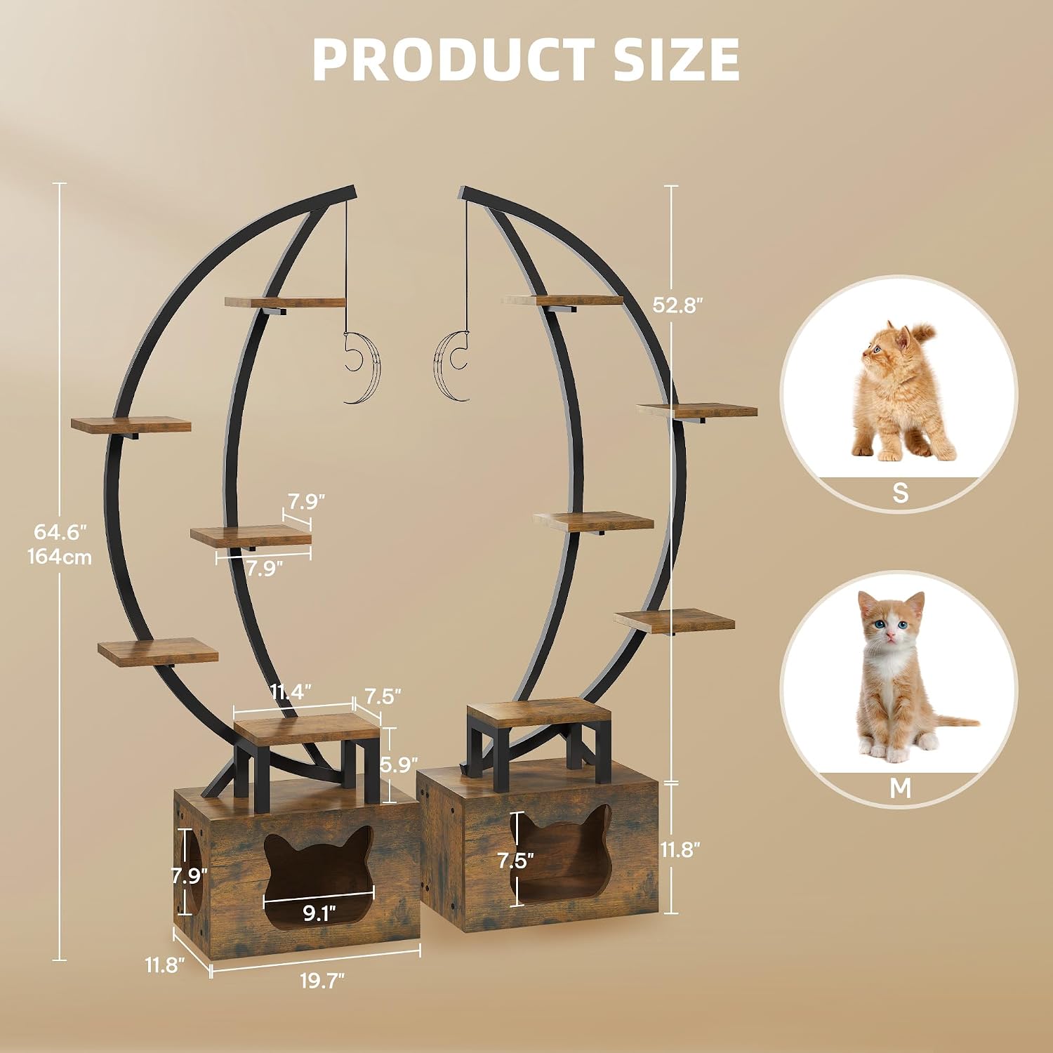 YITAHOME Tall Bookshelf with LED Light, Artistically Designed Arched Bookshelf with Cats Litter Box,10-Tier Bookcase Corner Display Shelf for Home Office, Bedroom