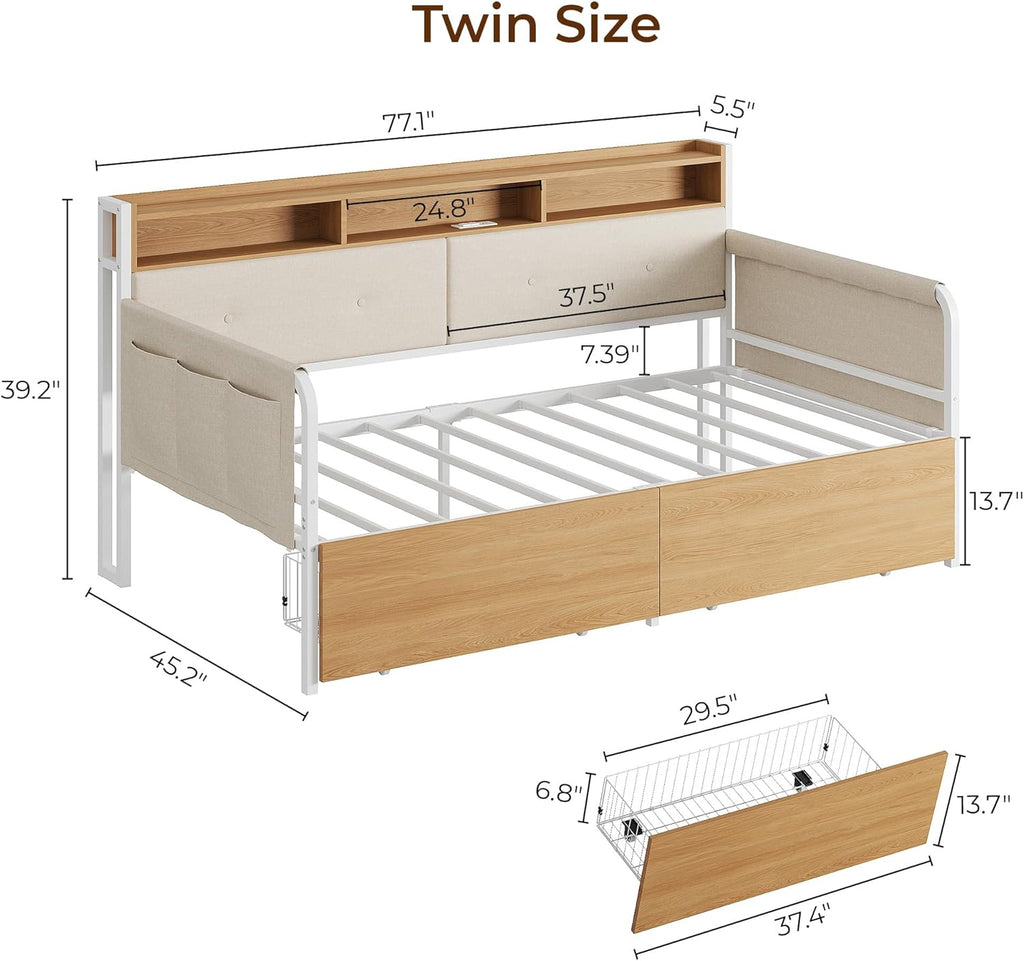 LIKIMIO Twin Daybed with Storage,Upholstered Headboard and Charging Station,White